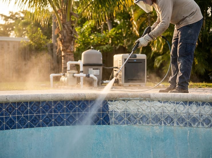 limpieza de azulejos de piscina con chorro